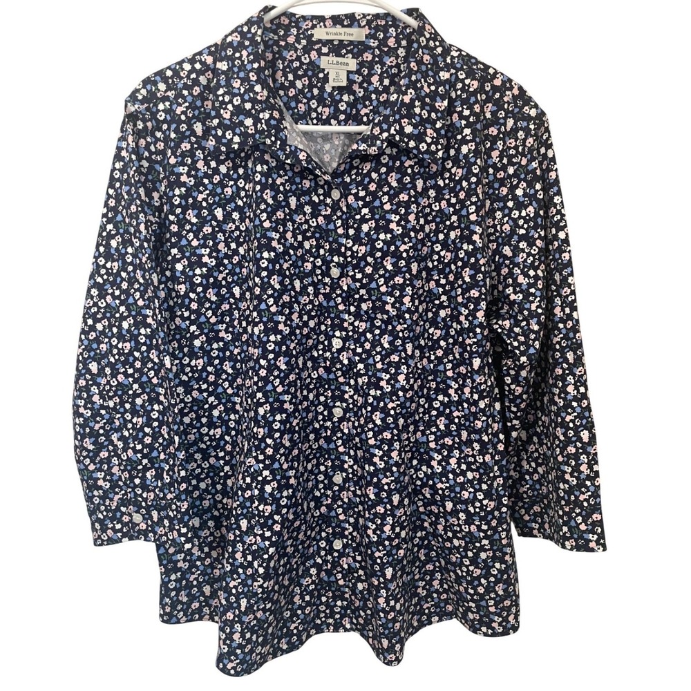 LL Bean Size XL Wrinkle Free Floral Button Down Shirt Navy Blue Pink Cotton